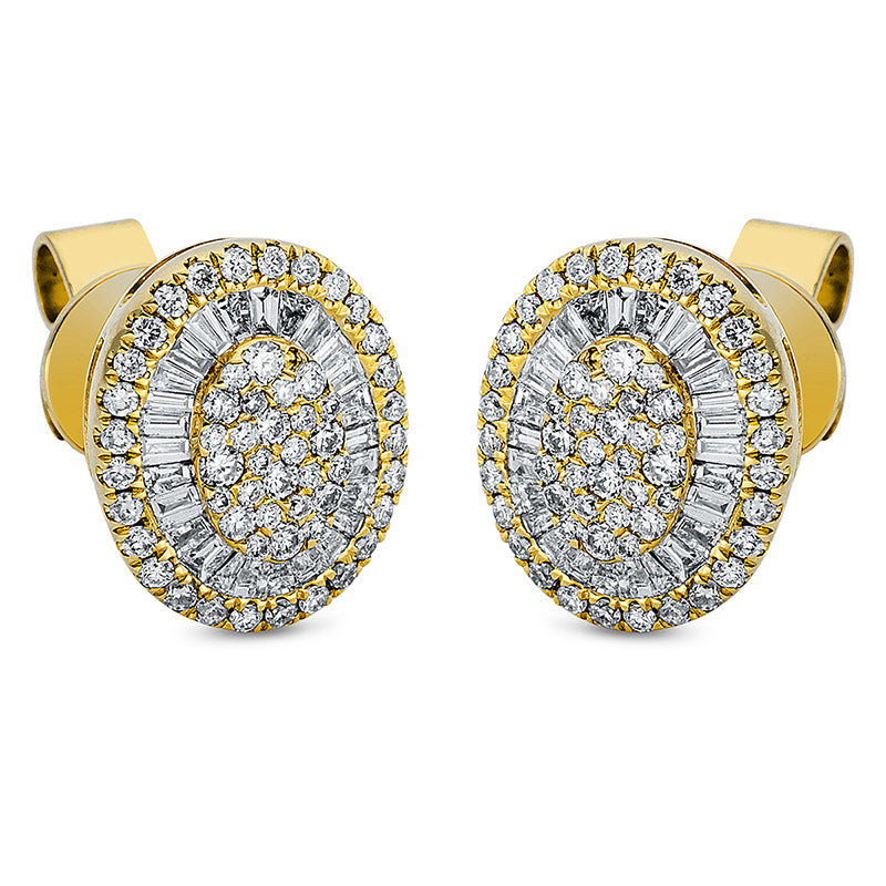 Ohrstecker 18 kt GG, 7 Bag. 0,04 ct, TW-vsi, 42 Trap. 0,25 ct, TW-vsi, 112 Brill. 0,34 ct, TW-si