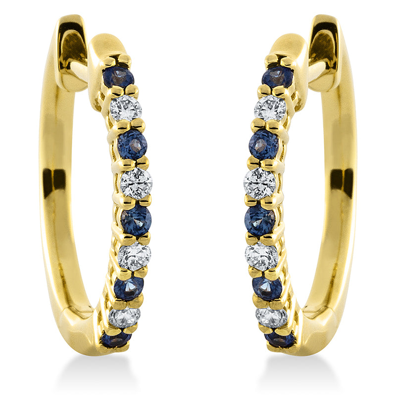 Creolen 18 kt GG, 8 Brill. 0,09 ct, TW-pi, 10 Saphire 0,13 ct blau