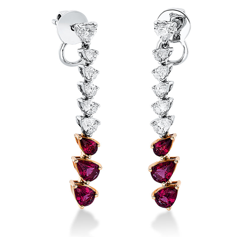 Ohrstecker 18 kt WG+RG, 10 Tropfen 0,90 ct, F-vsi, 2 Herzschl. 0,38 ct, F-vsi, 4 Rubine 1,89 ct rot, 2 Rubine 0,43 ct rot