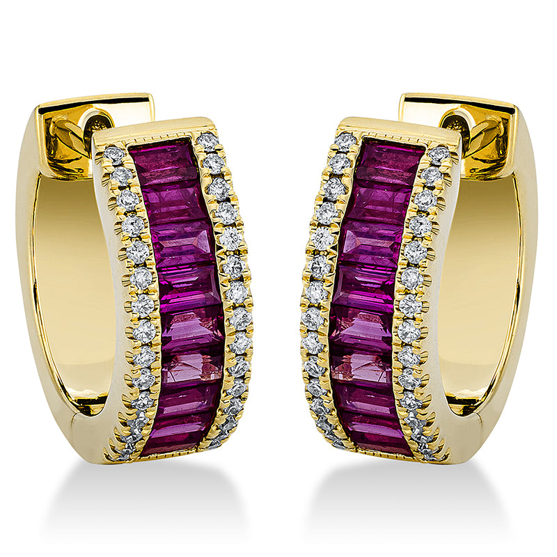 Creolen 18 kt GG, 60 Brill. 0,15 ct, TW-si, 18 Rubine 0,99 ct rot