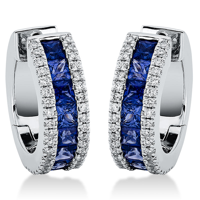Creolen 18 kt WG, 80 Brill. 0,35 ct, TW-si, 18 Saphire 1,85 ct blau
