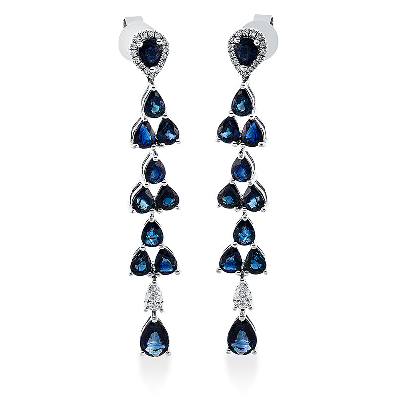 Ohrschmuck 18 kt WG, 2 Tropfen 0,20 ct, TW-si, 30 Brill. 0,09 ct, TW-si, 22 Saphire 4,38 ct blau
