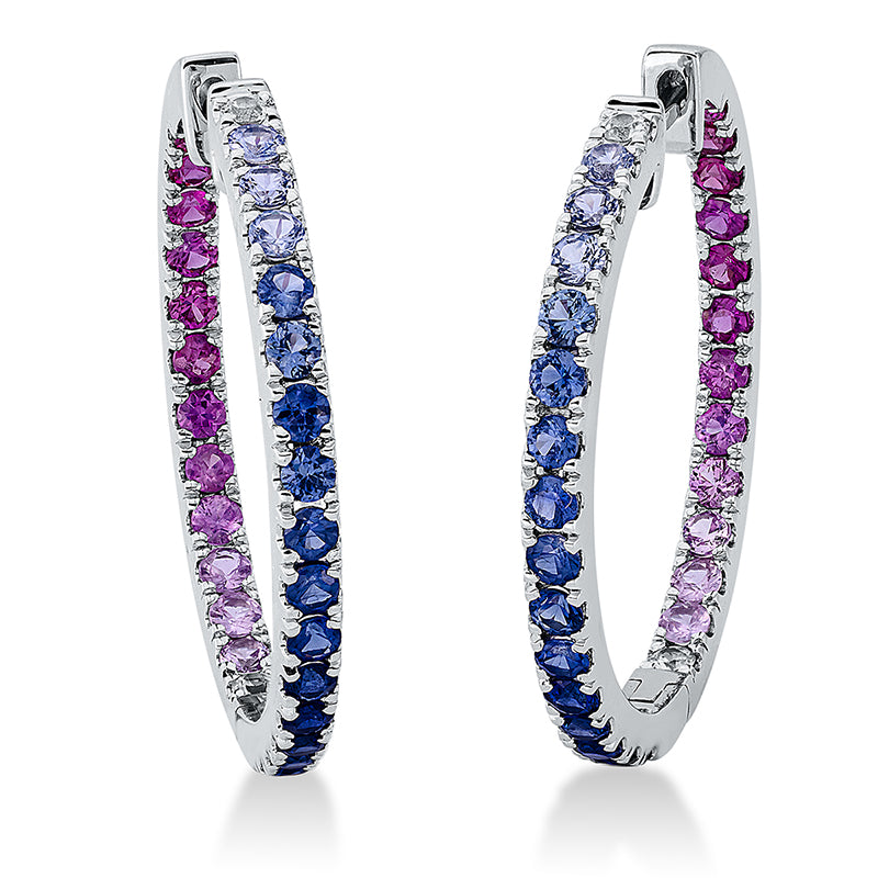 Creolen 18 kt WG, 54 Saphire 2,28 ct fancy, 4 Saphire 0,17 ct weiß