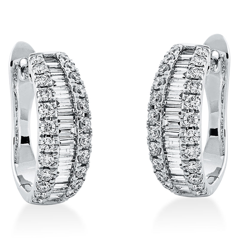 Creolen 18 kt WG, 4 Bag. 0,07 ct, TW-si, 11 Bag. 0,23 ct, TW-si, 18 Bag. 0,51 ct, TW-si, 48 Brill. 0,77 ct, TW-si