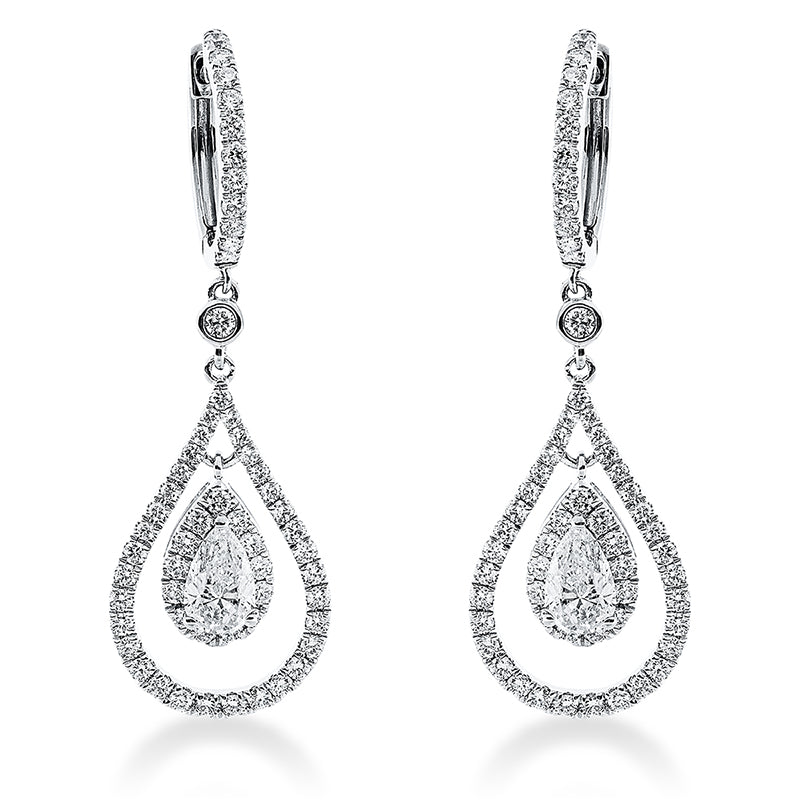 Ohrschmuck 18 kt WG, 60 Brill. 0,40 ct, TW-si, 2 Tropfen 0,77 ct, TW-si, 56 Brill. 0,59 ct, TW-si