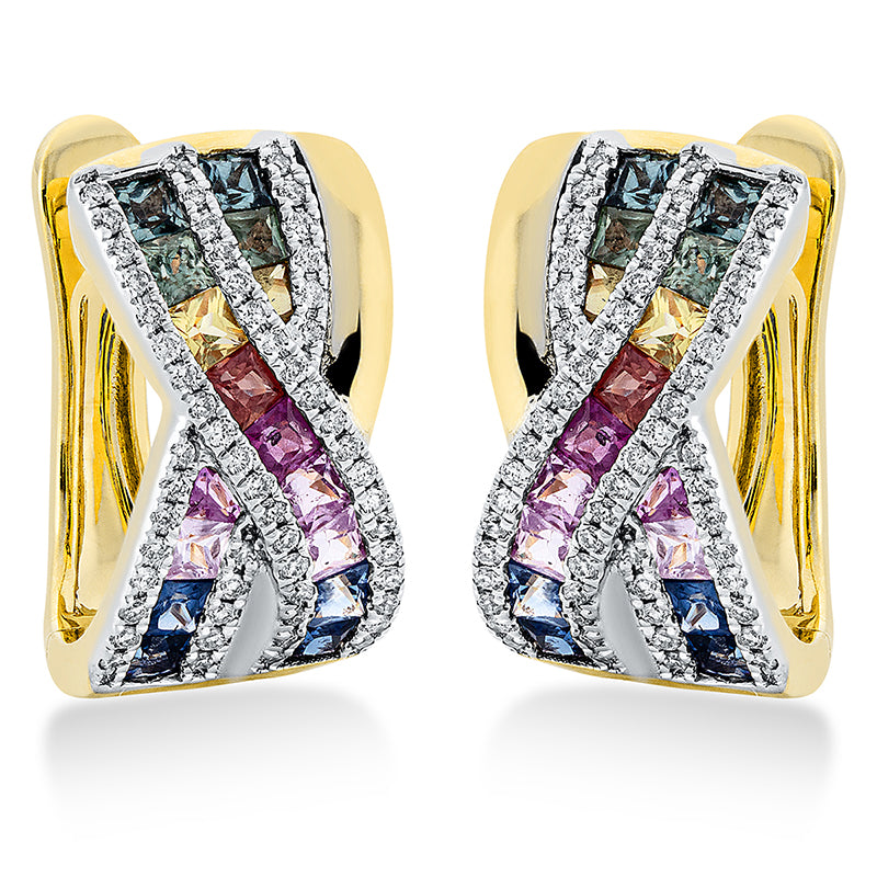 Creolen 18 kt GG, Fassung rhodiniert, 112 Brill. 0,42 ct, TW-si, 32 Saphire 2,58 ct fancy
