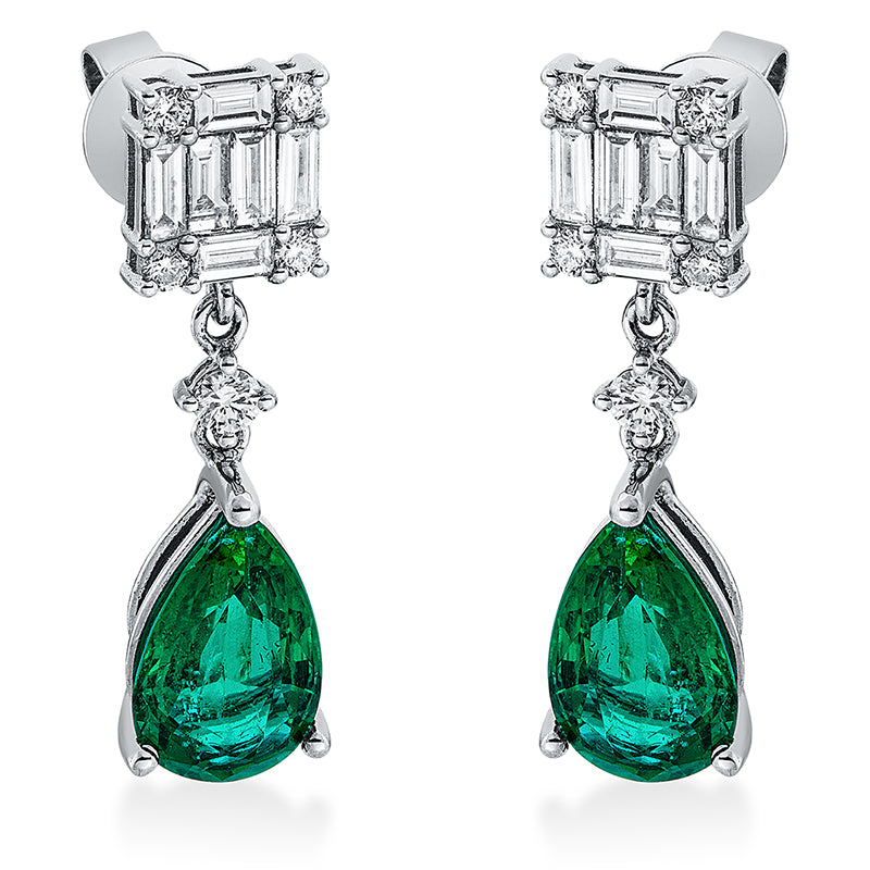 Ohrschmuck 18 kt WG, 12 Bag. 0,60 ct, TW-si, 10 Brill. 0,24 ct, TW-si, 2 Smaragde 3,27 ct grün