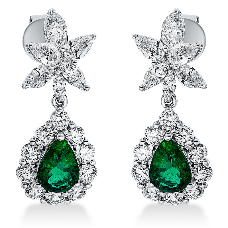Ohrschmuck 18 kt WG, 8 Nav. 0,69 cti, 4 Tropfen 0,39 ct, 20 Brill. 1,06 ct, TW-vsi/si,2 Sma1,12 ct grün