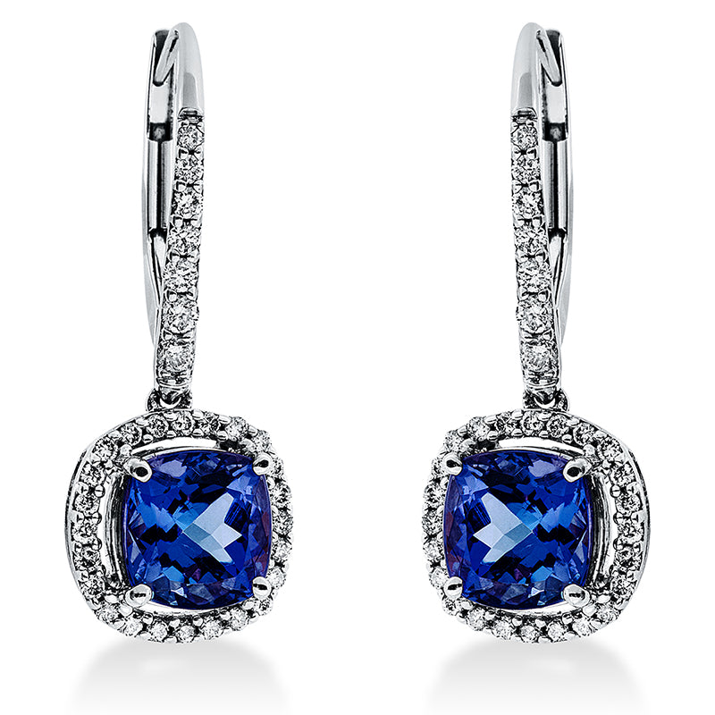 Ohrschmuck 18 kt WG, 62 Brill. 0,30 ct, TW-si, 2 Tansanit 2,29 ct blau