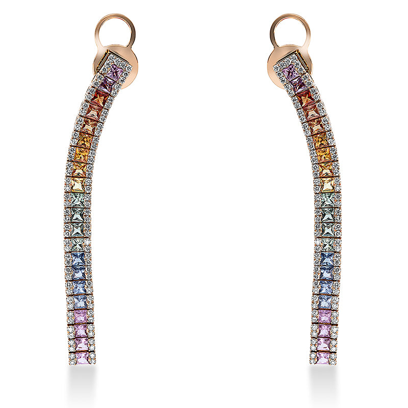 Ohrschmuck 18 kt RG, 60 Brill. 0,38 ct, 116 Brill. 0,89 ct, TW-vsi, 42 Saphire 4,47 ct multicolor