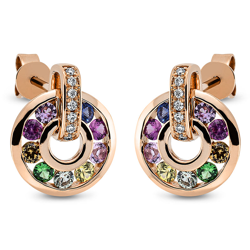 Ohrstecker 18 kt RG, 14 Brill. 0,07 ct, TW-si, 16 Saphire 0,79 ct multicolor, 2 Tsavorith 0,08 ct grün