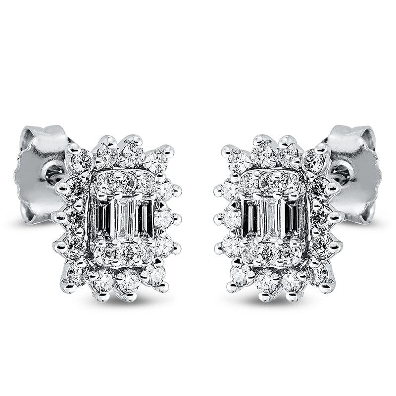 Ohrstecker 18 kt WG, 6 Bag. 0,14 ct, F-si, 40 Brill. 0,43 ct, F-si