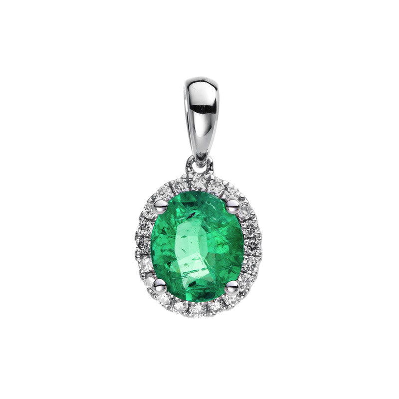 Anhänger 18 kt WG, mit Öse, 20 Brill. 0,08 ct, TW-si, 1 Smaragd 0,52 ct grün