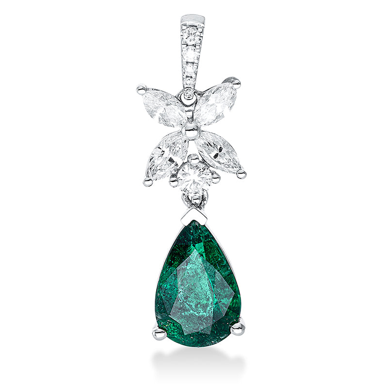 Anhänger 18 kt WG, mit Öse, 4 Nav. 0,54 ct, TW-si, 6 Brill. 0,14 ct, TW-si, 1 Smaragd 2,11 ct grün