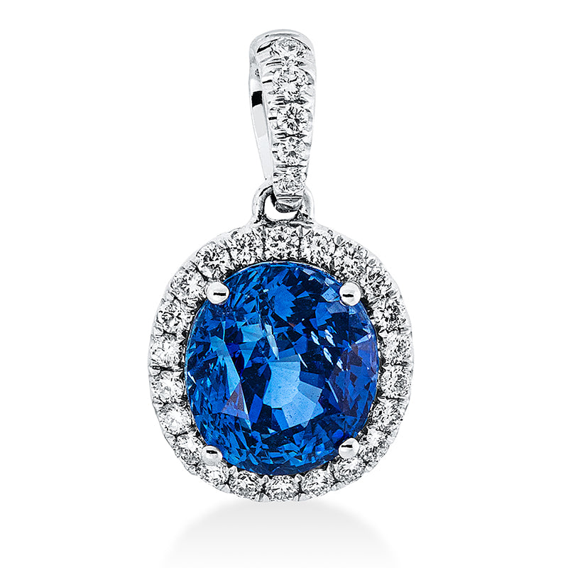 ABVERKAUF, Anhänger 18 kt WG, mit Öse, 27 Brill. 0,25 ct, TW-si, 1 Saphir 3,64 ct blau