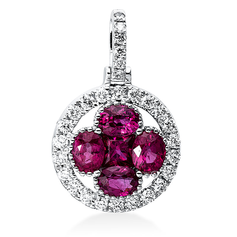 Anhänger 18 kt WG, mit Öse, 29 Brill. 0,24 ct, TW-si, 4 Rubine 1,04 ct rot, 1 Rubin 0,18 ct rot