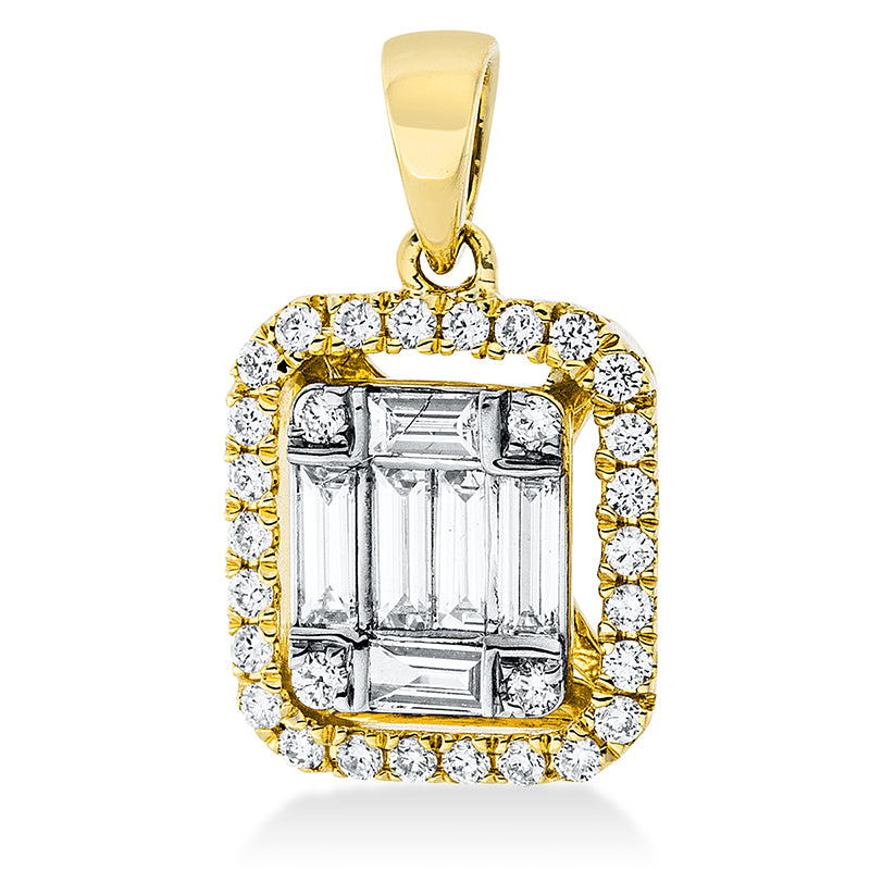 Anhänger 18 kt GG, Fassung rhodiniert, 6 Bag. 0,20 ct, TW-si, 30 Brill. 0,16 ct, TW-si
