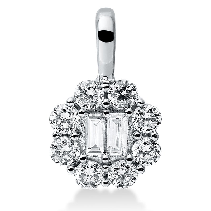 Anhänger 18 kt WG, mit Öse, 2 Bag. 0,04 ct, TW-vsi, 8 Brill. 0,13 ct, TW-si