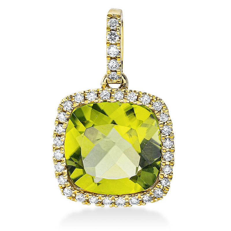 Anhänger 18 kt GG, mit Öse, 33 Brill. 0,17 ct, TW-si, 1 Peridot 3,70 ct grün