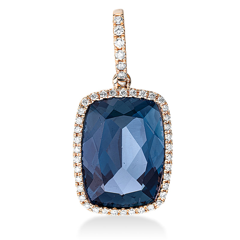 Anhänger 18 kt RG, mit Öse, 44 Brill. 0,16 ct, TW-si, 1 Topas 8,30 ct Lond. blue
