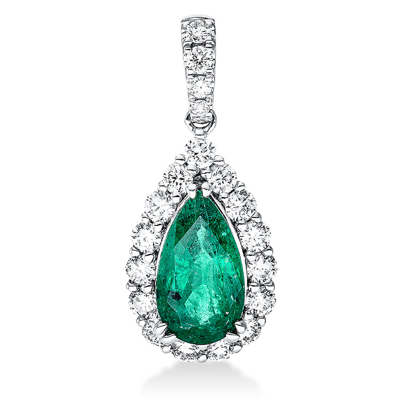 Anhänger 18 kt WG, mit Öse, 4 Brill. 0,06 ct, 15 Brill. 0,61 ct, TW-vsi/si, 1 Smaragd 1,58 ct grün