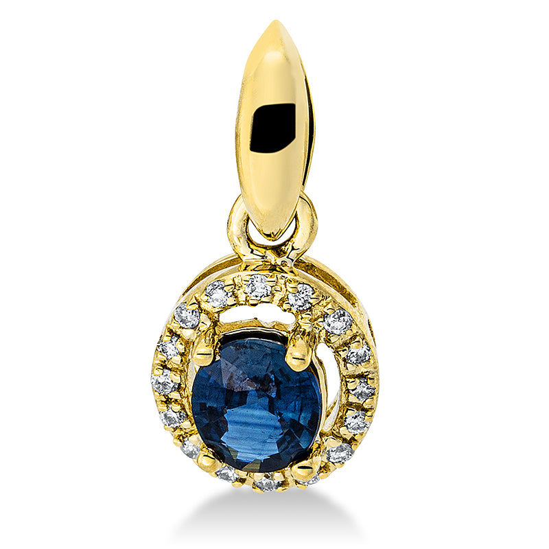 Anhänger 18 kt GG, mit Öse, 16 Brill. 0,05 ct, TW-pi, 1 Saphir 0,37 ct blau
