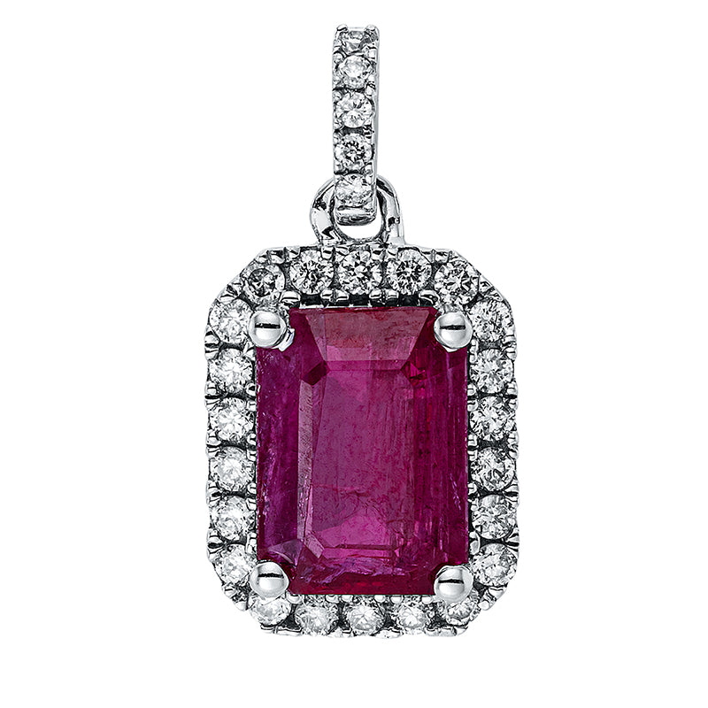 Anhänger 18 kt WG, mit Öse, 27 Brill. 0,14 ct, TW-si, 1 Rubin 0,96 ct rot