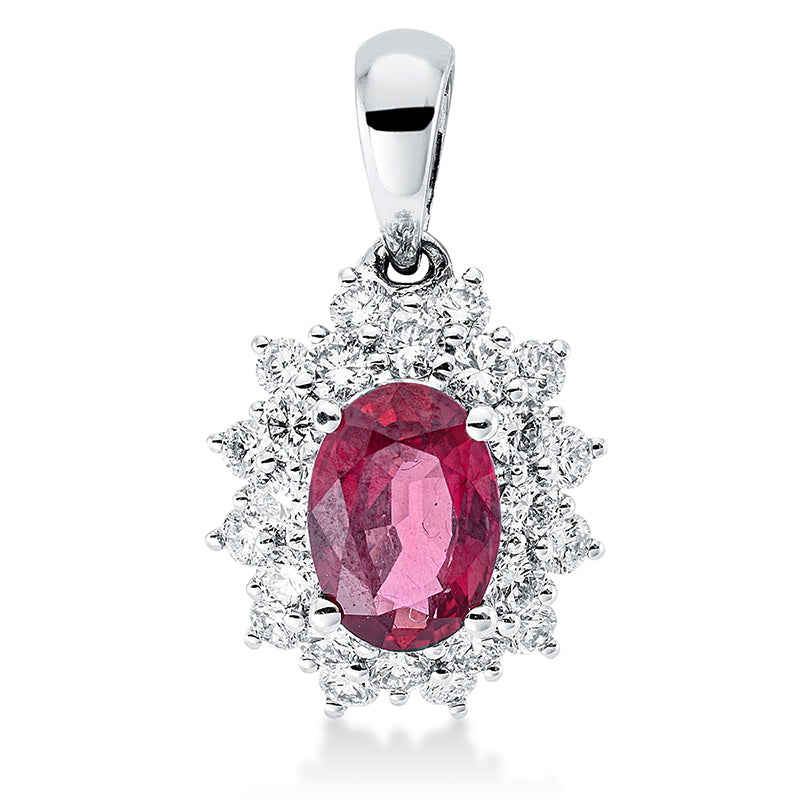 ABVERKAUF, Anhänger 18 kt WG, mit Öse, 12 Brill. 0,22 ct,12 Brill. 0,30 ct, TW-si, 1 Rubin 0,88 ct rot
