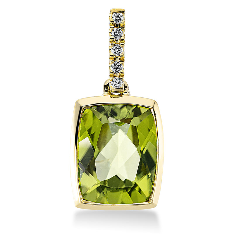 Anhänger 18 kt GG, mit Öse, 5 Brill. 0,04 ct, TW-si, 1 Peridot 3,00 ct grün