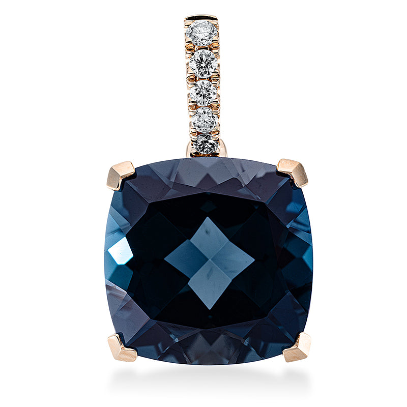 Anhänger 18 kt RG, mit Öse, 5 Brill. 0,09 ct, TW-si, 1 Topas 8,60 ct Lond. blue