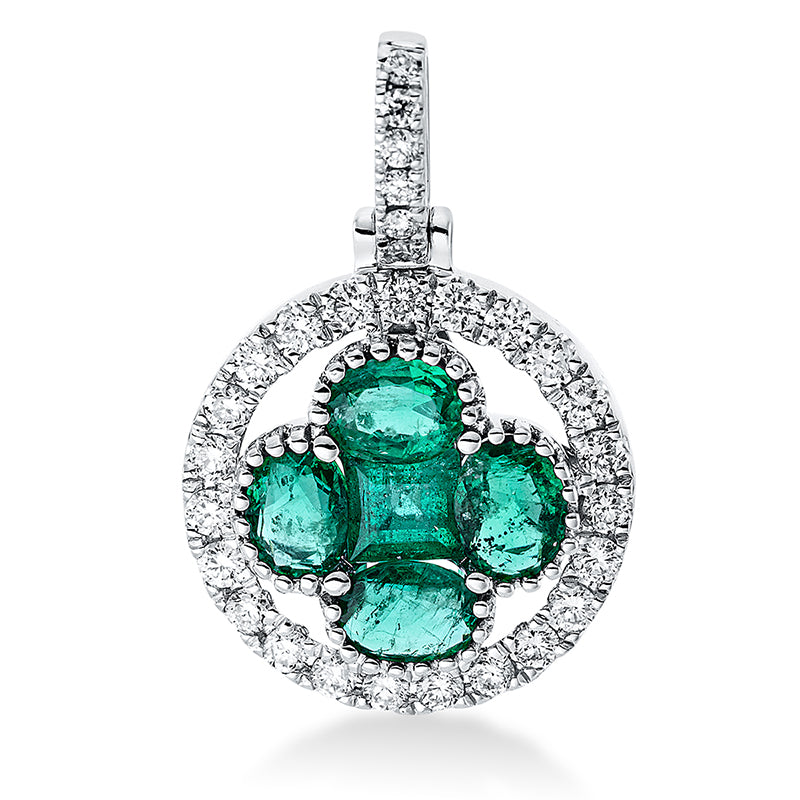Anhänger 18 kt WG, mit Öse, 29 Brill. 0,24 ct, TW-si, 1 Smaragd 0,17 ct grün, 4 Smaragde 0,65 ct grün