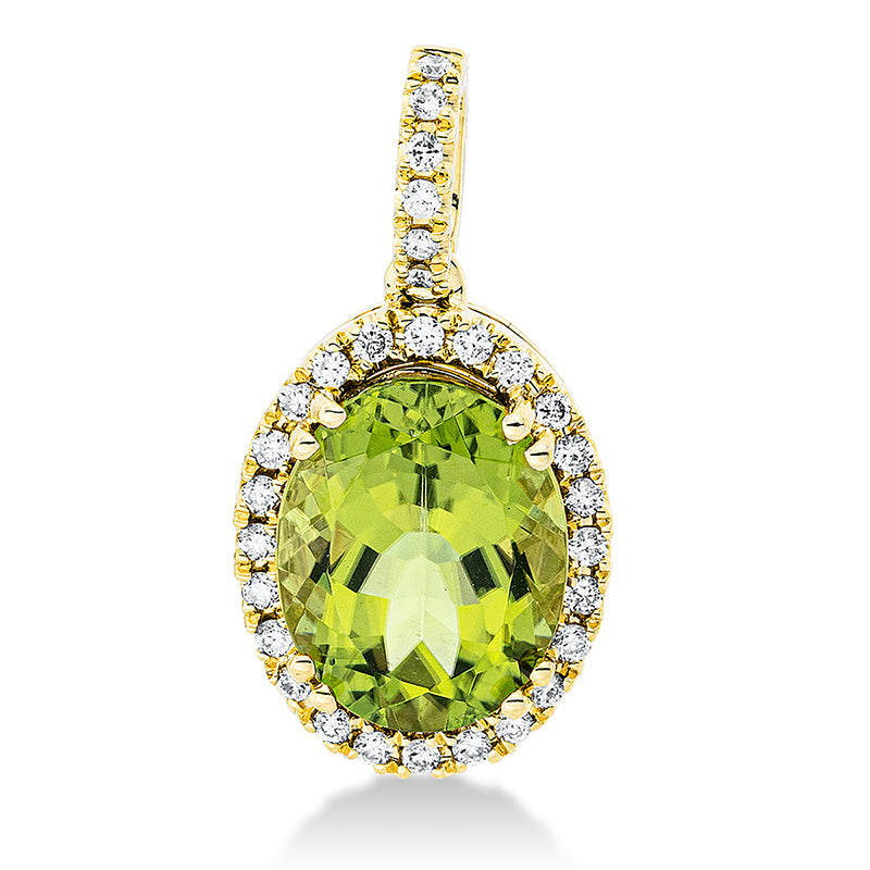 Anhänger 18 kt GG, mit Öse, 30 Brill. 0,21 ct, TW-si, 1 Peridot 3,30 ct grün