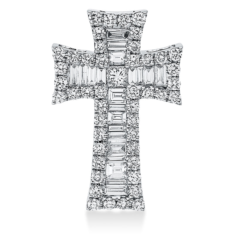 Anhänger 18 kt WG, 21 Bag. 0,57 ct, TW-si, 1 Princ. 0,07 ct, TW-si, 46 Brill. 0,46 ct, TW-si