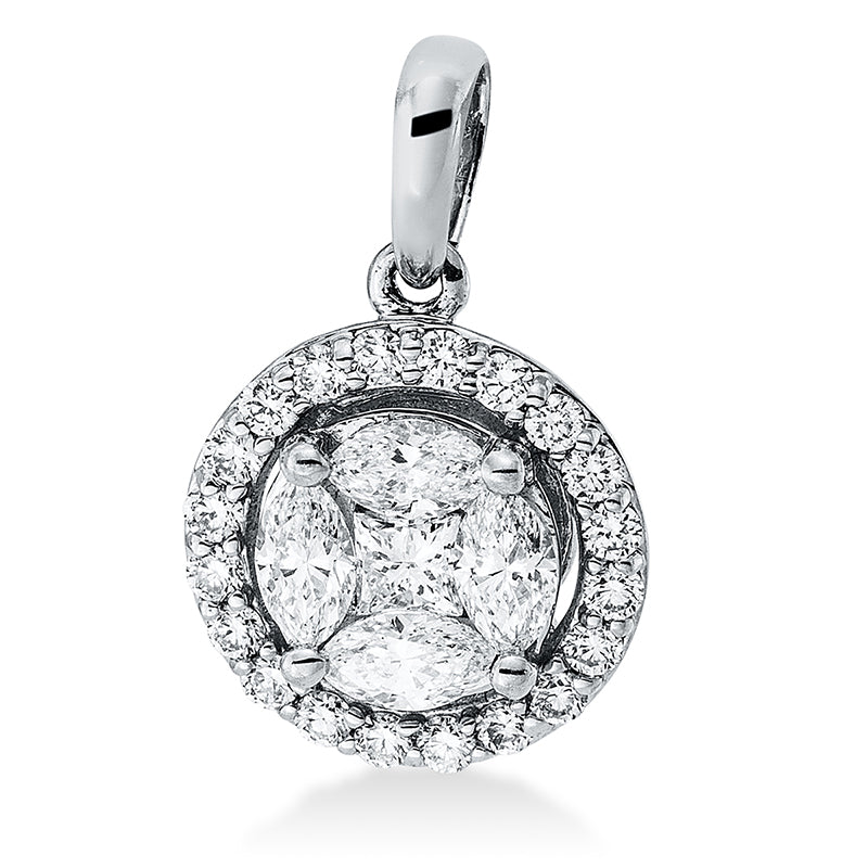 Anhänger 18 kt WG, mit Öse, 1 Princ. 0,09 ct, TW-vsi, 4 Nav. 0,34 ct, TW-vsi, 20 Brill. 0,18 ct, TW-vsi
