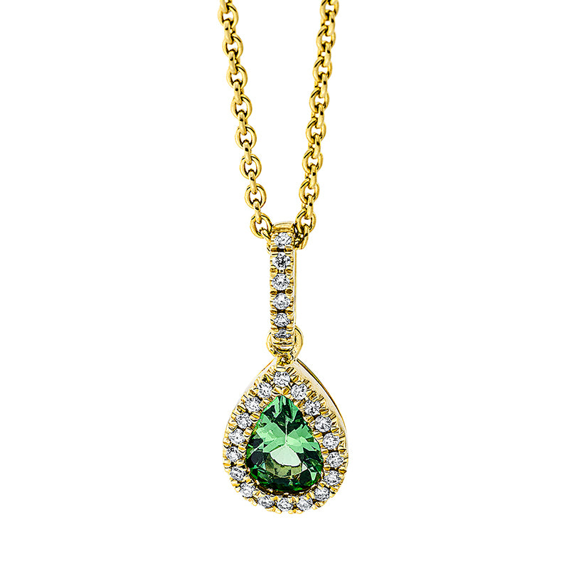 Anhänger 18 kt GG, mit Öse, 24 Brill. 0,09 ct, TW-si, 1 Tsavorith 0,42 ct grün