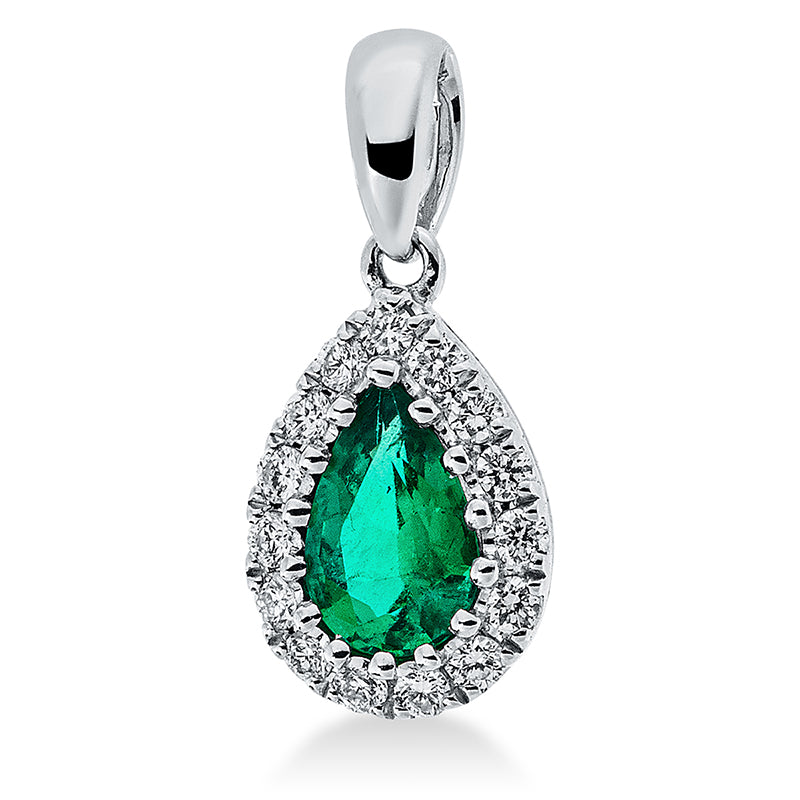 Anhänger 18 kt WG, mit Öse, 15 Brill. 0,12 ct, TW-si, 1 Smaragd 0,31 ct grün