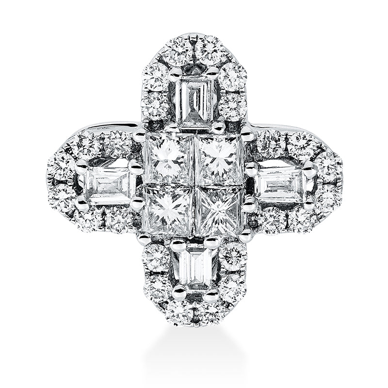 Anhänger 18 kt WG, 5 Bag. 0,15 ct, TW-si, 4 Princ. 0,34 ct, TW-si, 24 Brill. 0,28 ct, TW-si