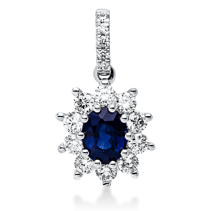 Anhänger 18 kt WG, 15 Brill. 0,28 ct, TW-si, 1 Saphir 0,50 ct