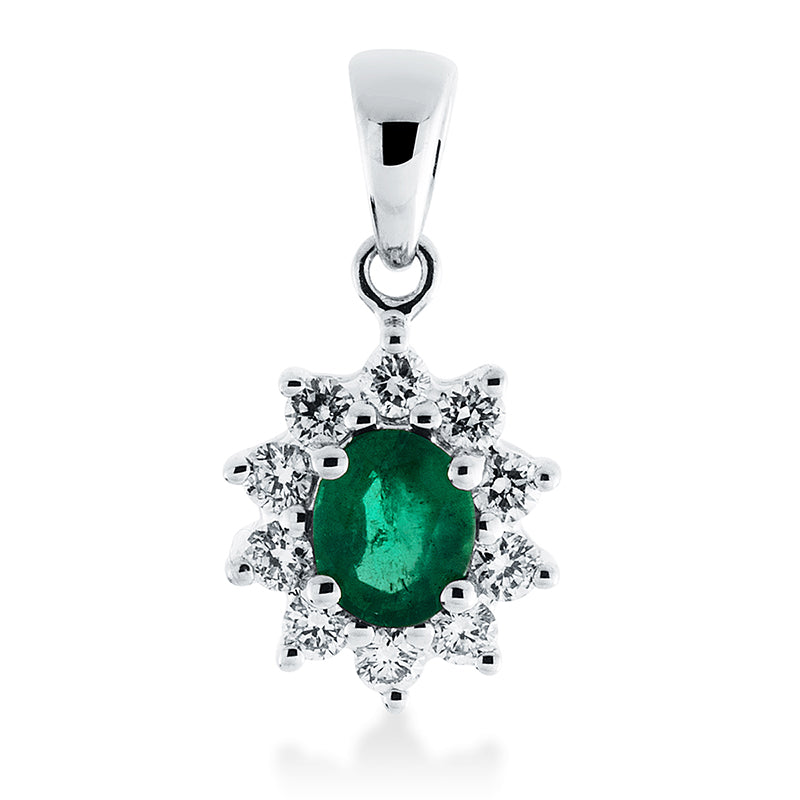 Anhänger 18 kt WG, mit Öse, 10 Brill. 0,20 ct, TW-vsi, 1 Smaragd 0,35 ct grün