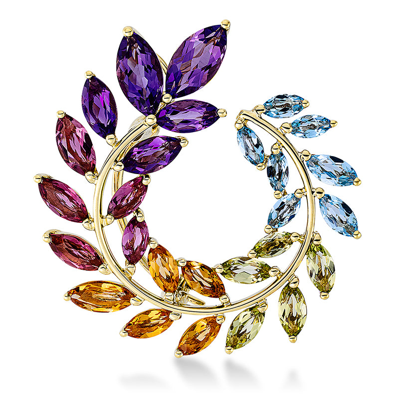 Brosche 18 kt GG, 5 Turmalin 1,00 ct pink, 5 Citrin 0,70 ct gelb, 5 Peridot 0,70 ct grün, 5 Topase 0,70 ct blau, 5 Amethyste 1,60 ct lila