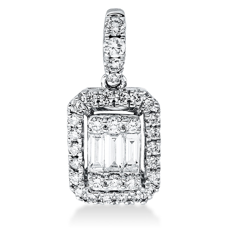 Anhänger 18 kt WG, mit Öse, 3 Bag. 0,10 ct, TW-vsi, 32 Brill. 0,19 ct, TW-si