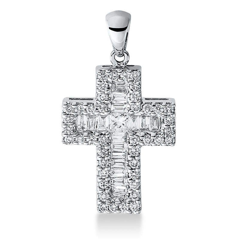Anhänger 18 kt WG, mit Öse, 16 Bag. 0,20 ct, W-pi, 1 Princ. 0,07 ct, W-pi, 42 Brill. 0,26 ct, W-pi