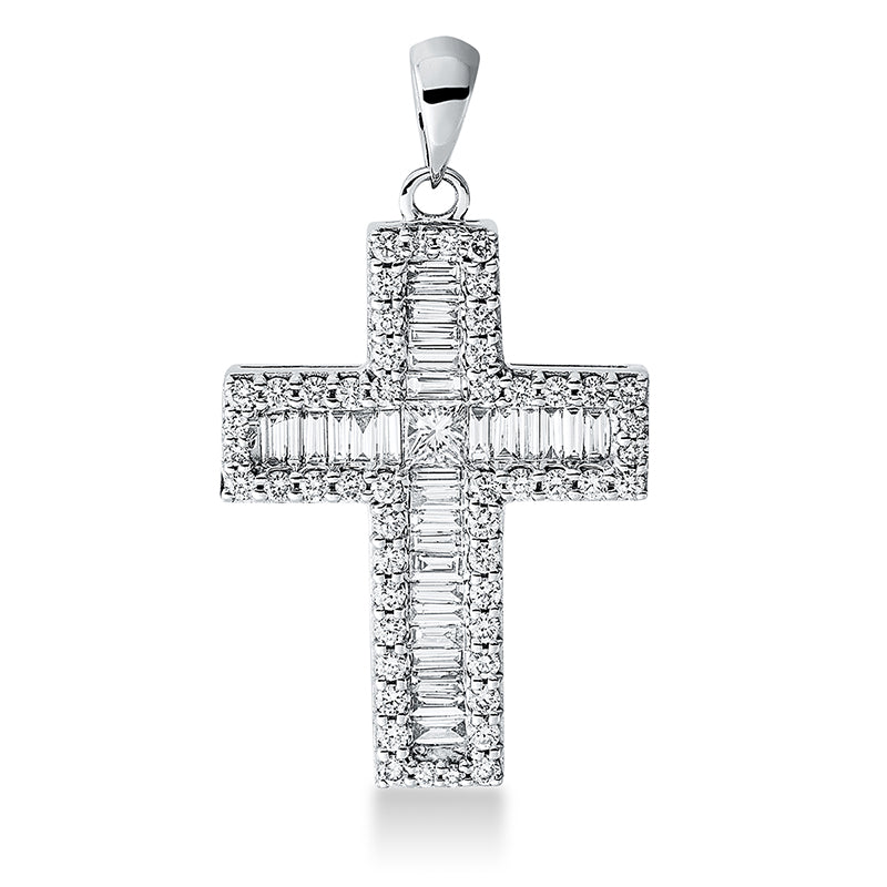 Anhänger 18 kt WG, mit Öse, 30 Bag. 0,35 ct, W-pi, 1 Princ. 0,11 ct, W-pi, 52 Brill. 0,36 ct, W-pi