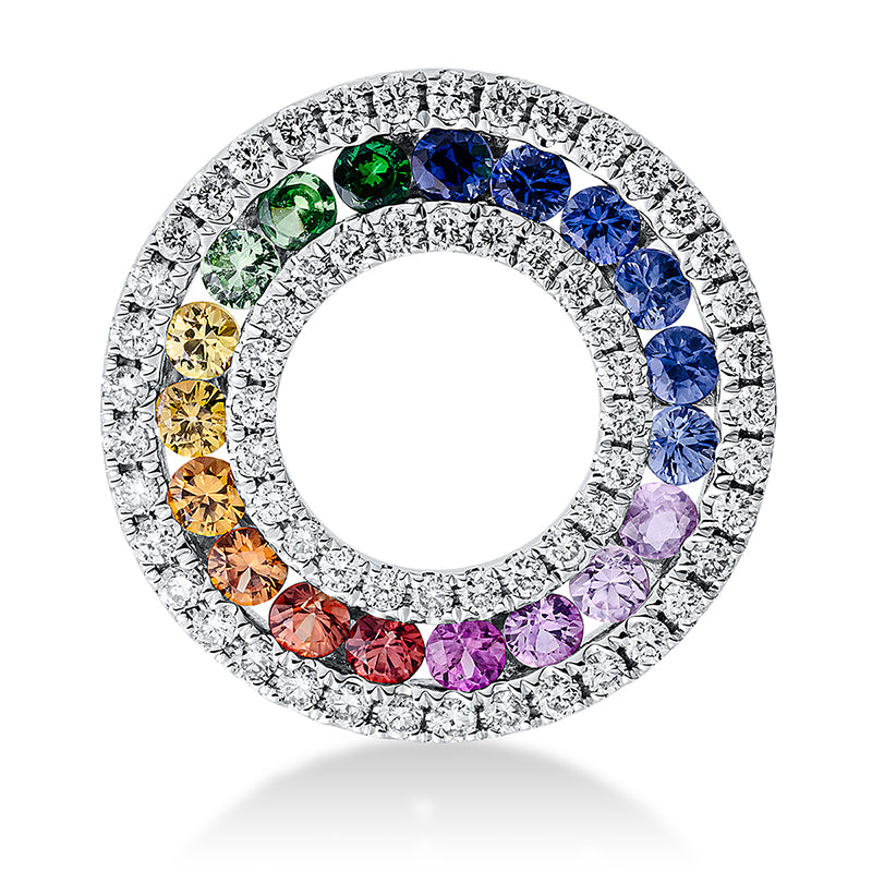 Anhänger 18 kt WG, 61 Brill. 0,47 ct, W-si, 19 Saphire 0,96 ct fancy