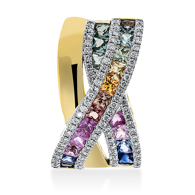Anhänger 18 kt GG, Fassung rhodiniert, 74 Brill. 0,32 ct, TW-si, 19 Saphire 1,65 ct fancy