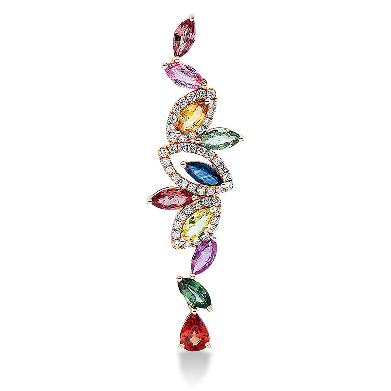 Anhänger 18 kt RG, mit Öse, 46 Brill. 0,30 ct, TW-si, 1 Saphir 0,51 ct fancy, 9 Saphire 2,61 ct fancy