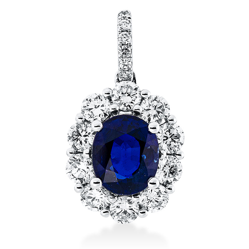 ABVERKAUF, Anhänger 18 kt WG, mit Öse, 10 Brill. 0,65 ct, 6 Brill. 0,03 ct, W-pi, 1 Saphir 1,33 ct blau