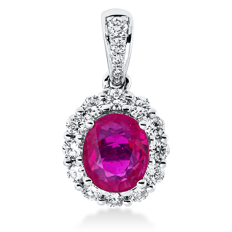 ABVERKAUF, Anhänger 18 kt WG, mit Öse, 16 Brill. 0,28 ct, TW-si, 1 Rubin 1,08 ct rot