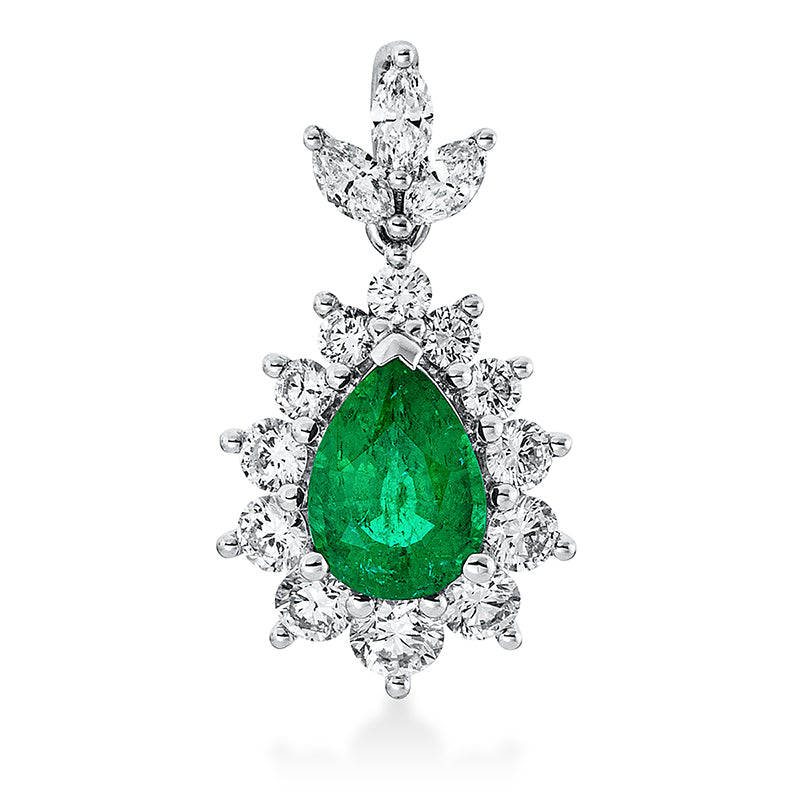 Anhänger 18 kt WG, 3 Nav. 0,21 ct, TW-si, 12 Brill. 0,73 ct, TW-si, 1 Smaragd 1,06 ct grün