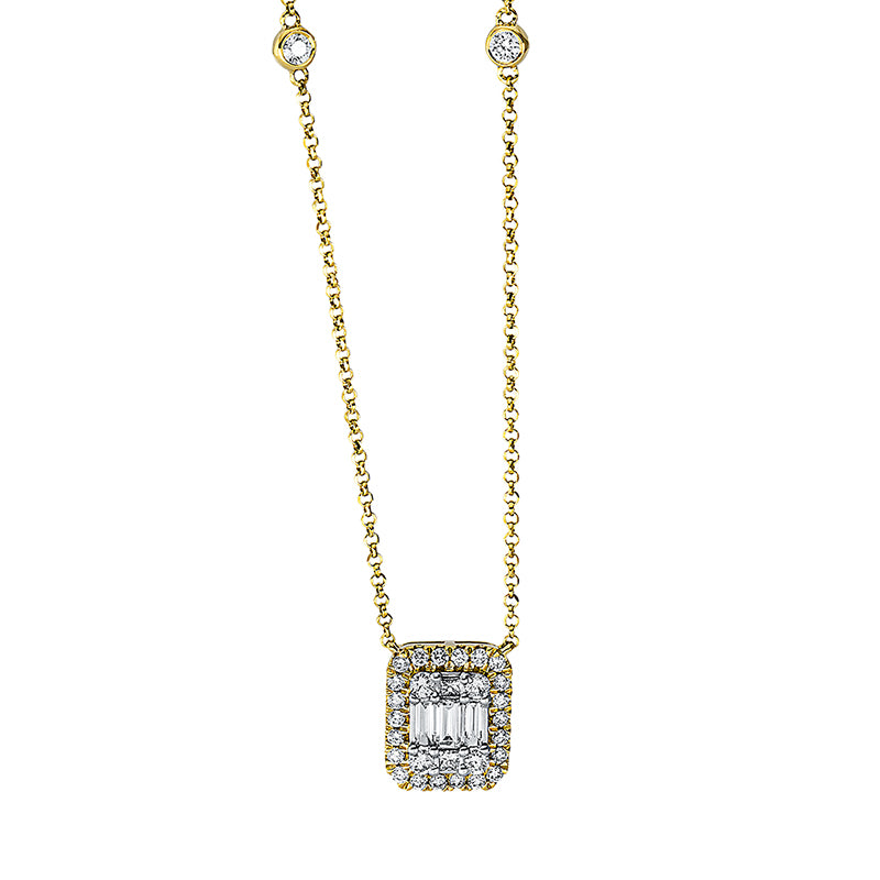 Collier 18 kt GG, Fassung rhodiniert, 2 Princ. 0,03 ct, TW-si, 3 Bag. 0,09 ct, TW-si, 28 Brill. 0,27 ct, TW-si